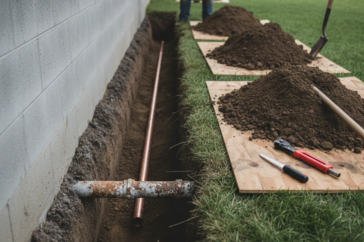 Excavated water line trench during Sewer Line Repair in Bunch